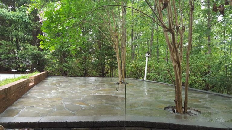A patio made of large stone pavers sits in a shaded, wooded Rougemont backyard. With thoughtful landscaping, two slender trees grow through the pavers, while a white birdhouse peeks out from dense foliage near the short stone wall. - Hutchins Landscaping and Lawn Maintenance Rouguemont, NC